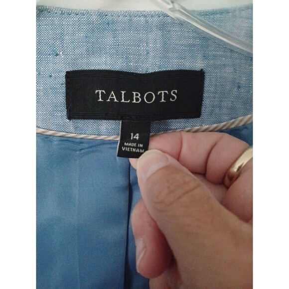 Talbots linen open blazer jacket 14 blue Coastal granny office professional - Picture 2 of 12